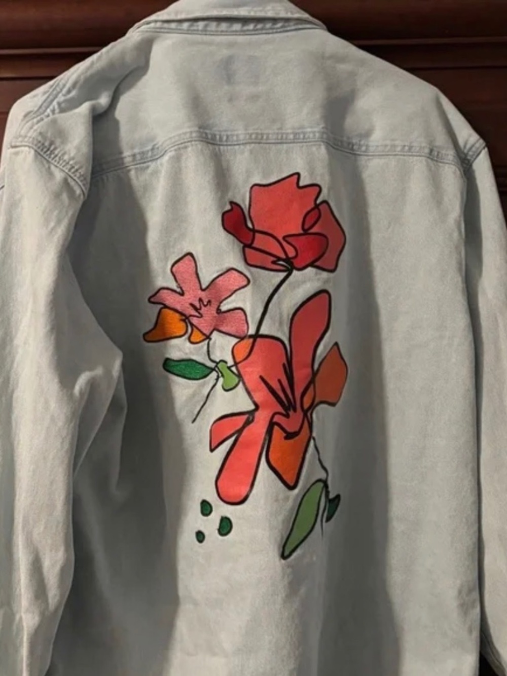 Zara snap relaxed denim shirt jacket floral back XL flaws